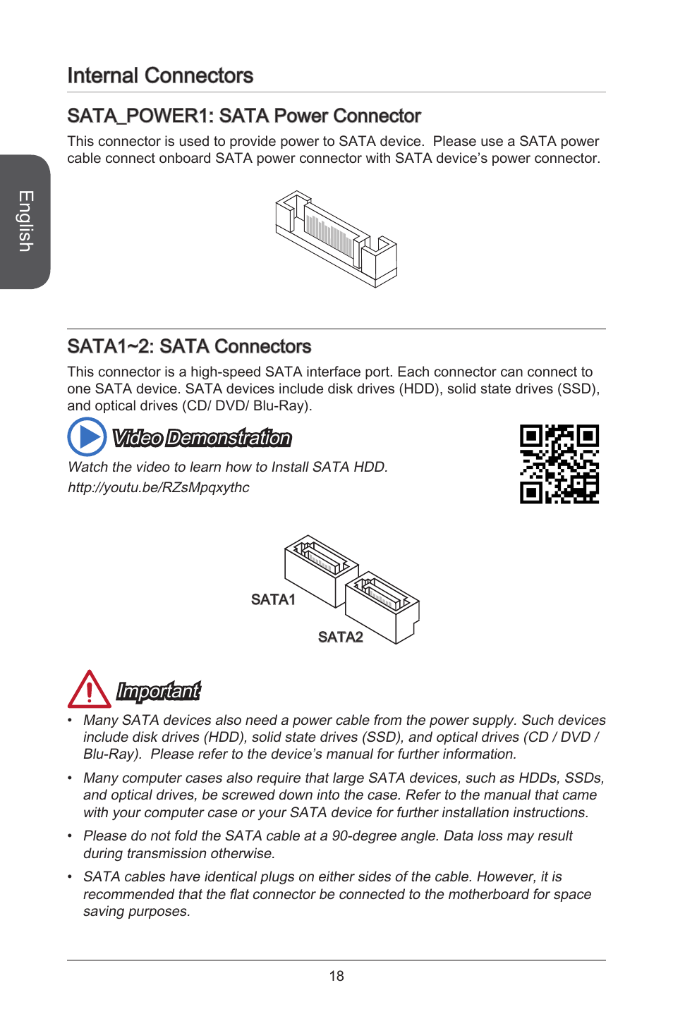 Internal connectors, English, Sata_power: sata power connector | Sata~2: sata connectors, Video demonstration, Important | MSI H81TI User Manual | Page 18 / 186