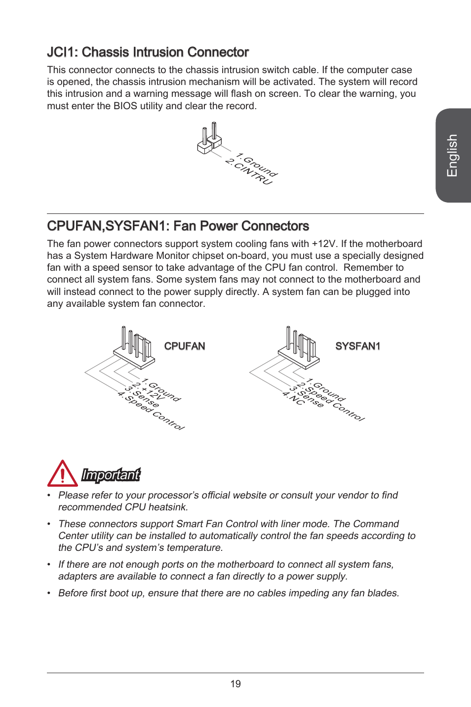 English, Jci: chassis intrusion connector, Cpufan,sysfan: fan power connectors | Important | MSI H81TI User Manual | Page 19 / 186