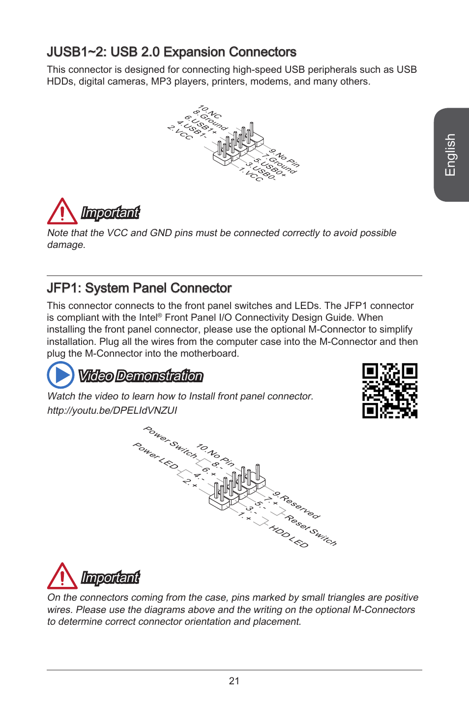 English, Jusb~2: usb 2.0 expansion connectors, Important | Jfp: system panel connector, Video demonstration | MSI H81TI User Manual | Page 21 / 186