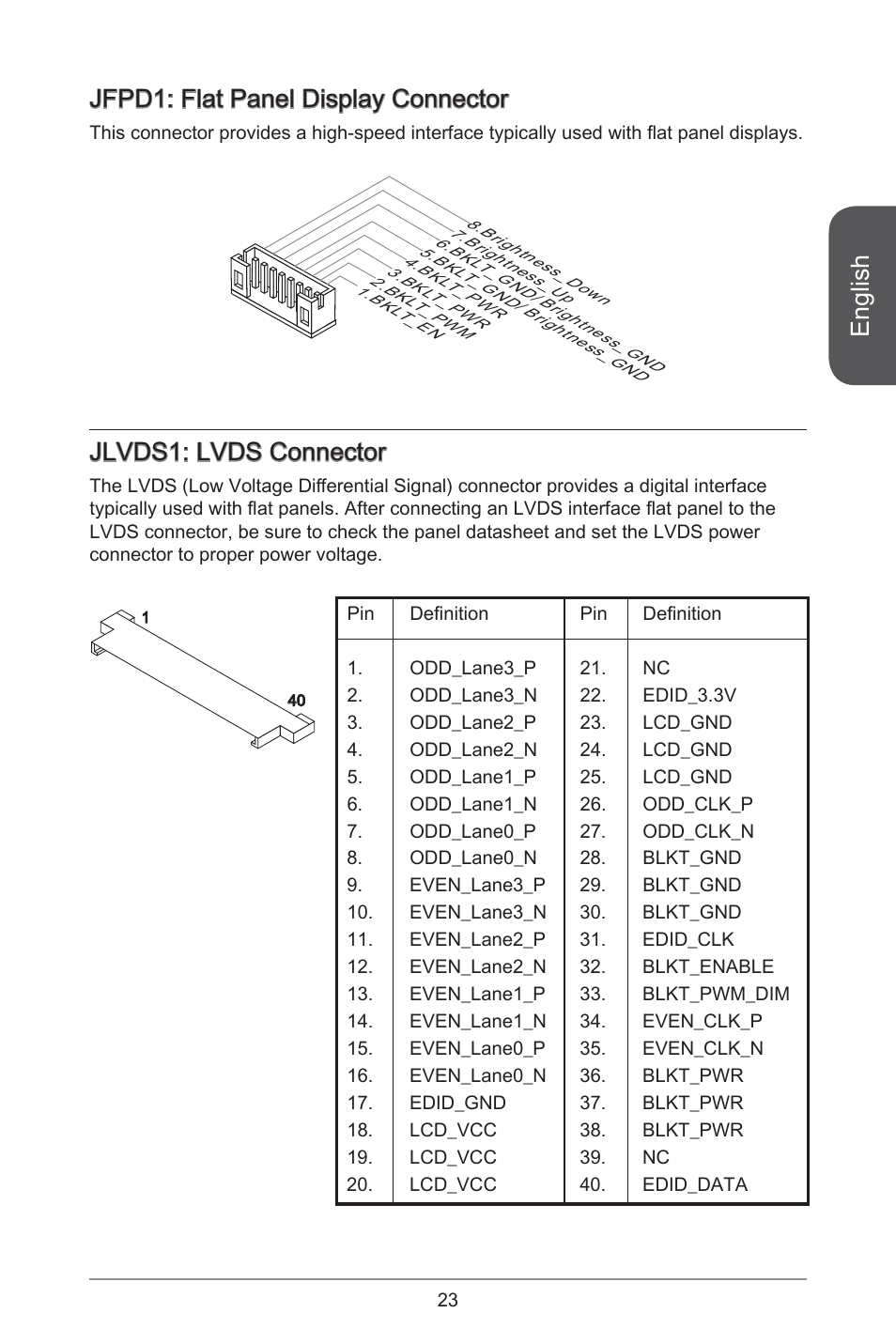English, Jfpd: flat panel display connector, Jlvds: lvds connector | MSI H81TI User Manual | Page 23 / 186