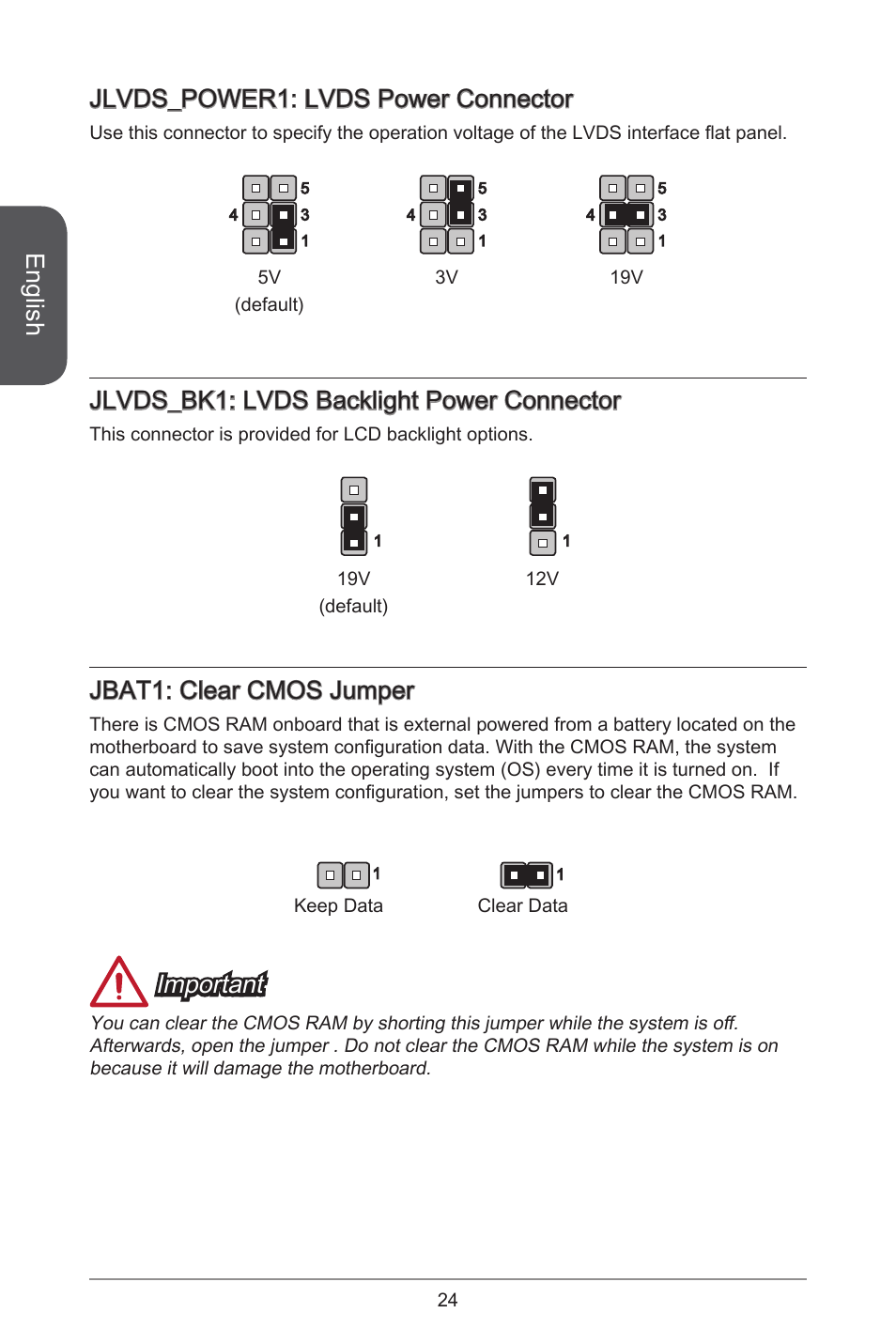 English, Jlvds_power: lvds power connector, Jlvds_bk: lvds backlight power connector | Jbat: clear cmos jumper, Important | MSI H81TI User Manual | Page 24 / 186