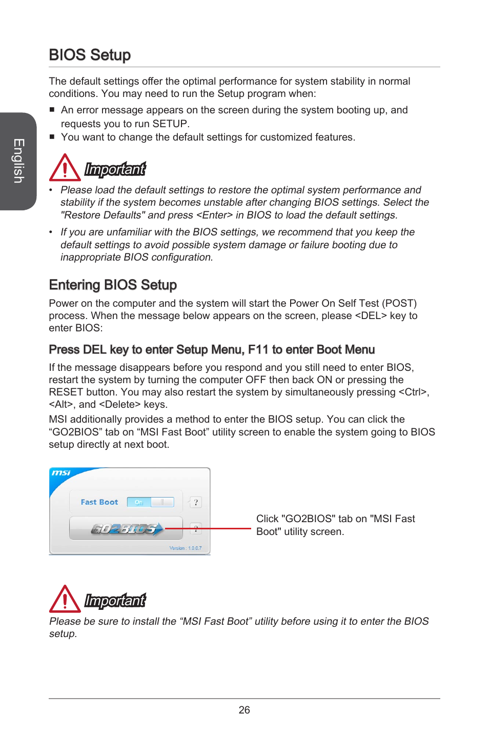 Bios setup, English, Important | Entering bios setup | MSI H81TI User Manual | Page 26 / 186