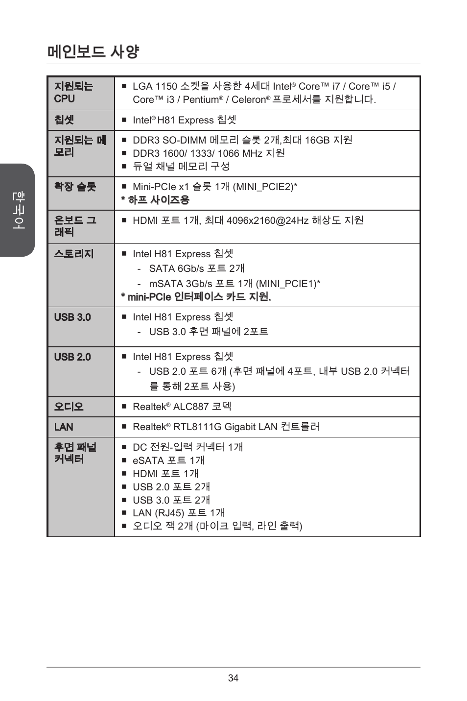 메인보드 사양 | MSI H81TI User Manual | Page 34 / 186