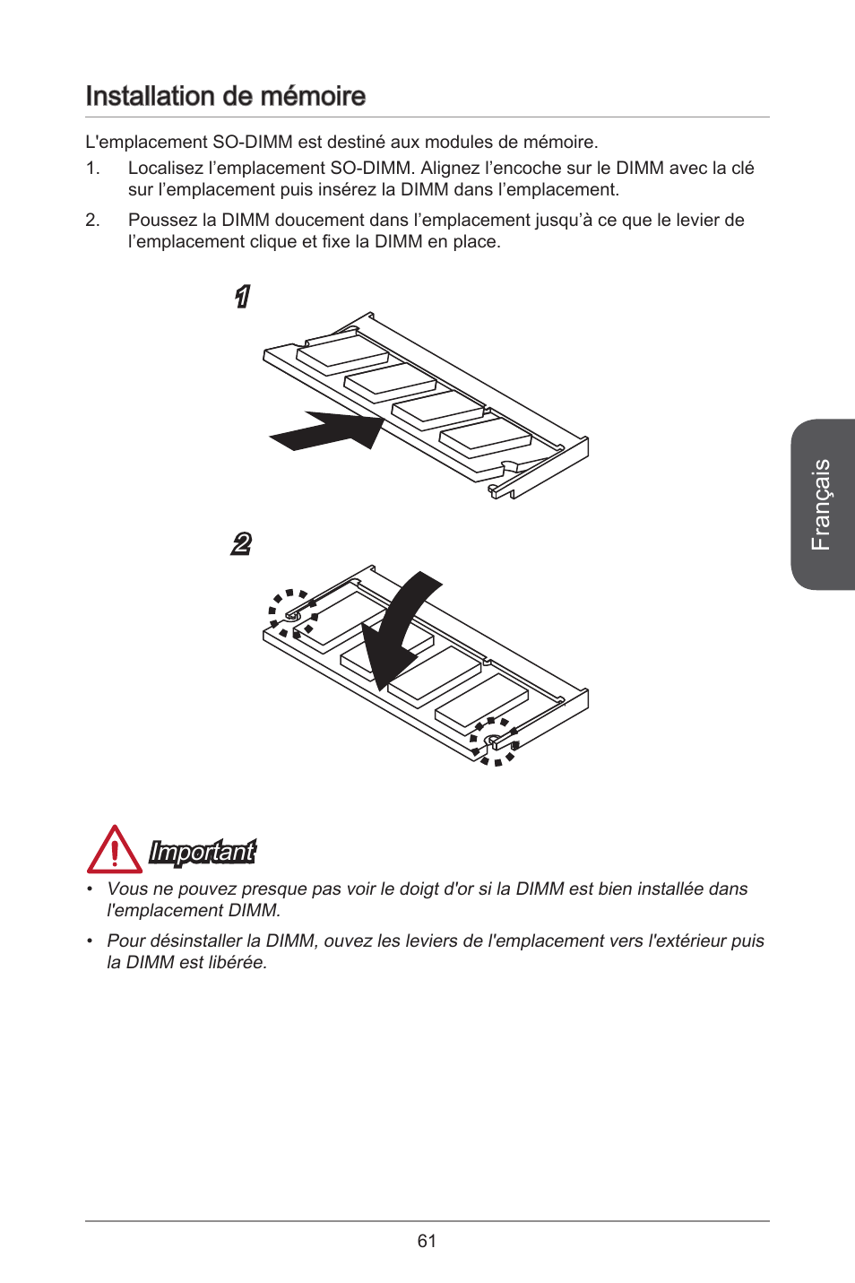 Installation de mémoire, Français, Important | MSI H81TI User Manual | Page 61 / 186