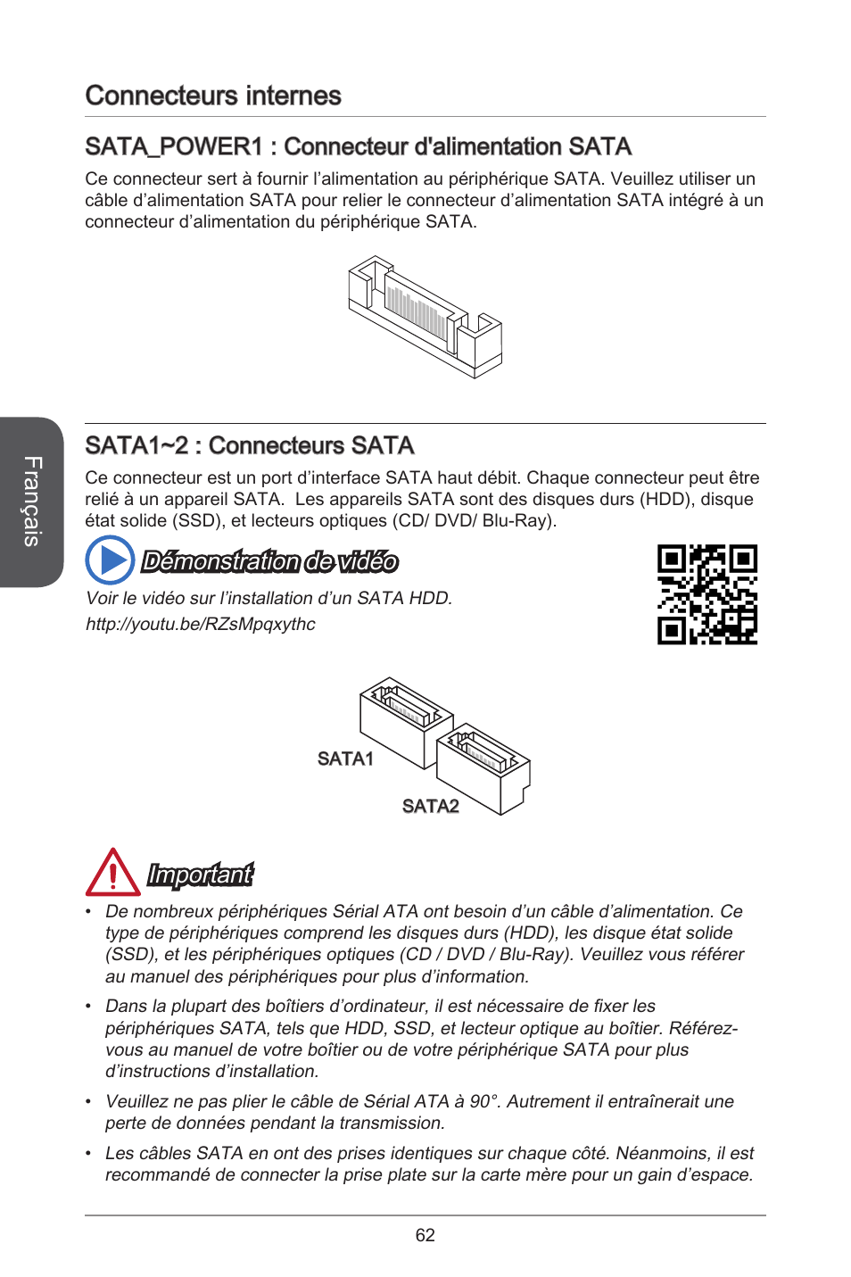 Connecteurs internes, Français, Sata_power : connecteur d'alimentation sata | Sata~2 : connecteurs sata, Démonstration de vidéo, Important | MSI H81TI User Manual | Page 62 / 186