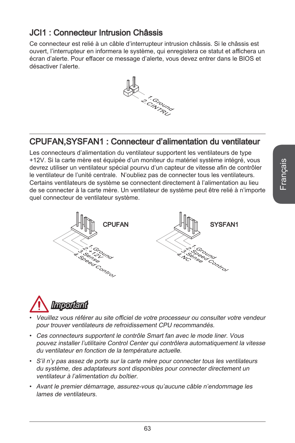 Français, Jci : connecteur intrusion châssis, Important | MSI H81TI User Manual | Page 63 / 186