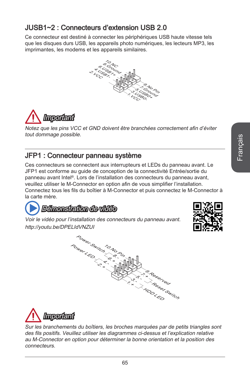 Français, Jusb~2 : connecteurs d’extension usb 2.0, Important | Jfp : connecteur panneau système, Démonstration de vidéo | MSI H81TI User Manual | Page 65 / 186