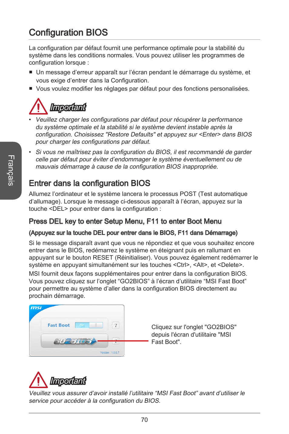 Configuration bios, Français, Important | Entrer dans la configuration bios | MSI H81TI User Manual | Page 70 / 186