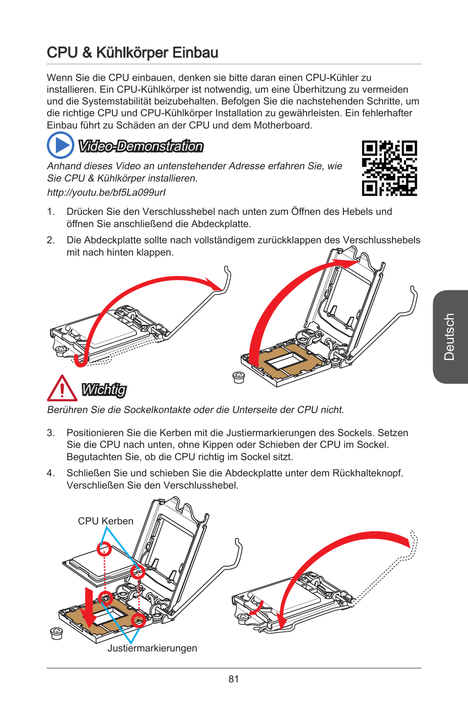 Cpu & kühlkörper einbau, Deutsch, Wichtig | Video-demonstration | MSI H81TI User Manual | Page 81 / 186