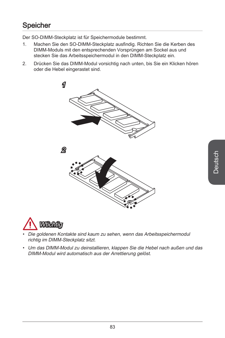 Speicher, Deutsch, Wtichtig | MSI H81TI User Manual | Page 83 / 186