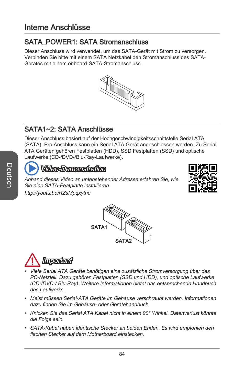 Interne anschlüsse, Deutsch, Sata_power: sata stromanschluss | Sata~2: sata anschlüsse, Video-demonstration, Important | MSI H81TI User Manual | Page 84 / 186