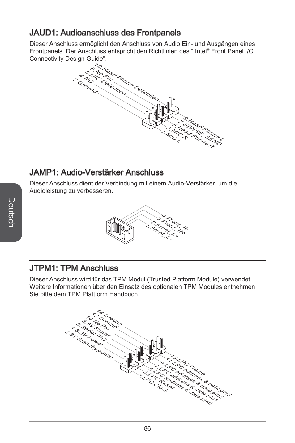 Deutsch, Jaud: audioanschluss des frontpanels, Jamp: audio-verstärker anschluss | Jtpm: tpm anschluss | MSI H81TI User Manual | Page 86 / 186
