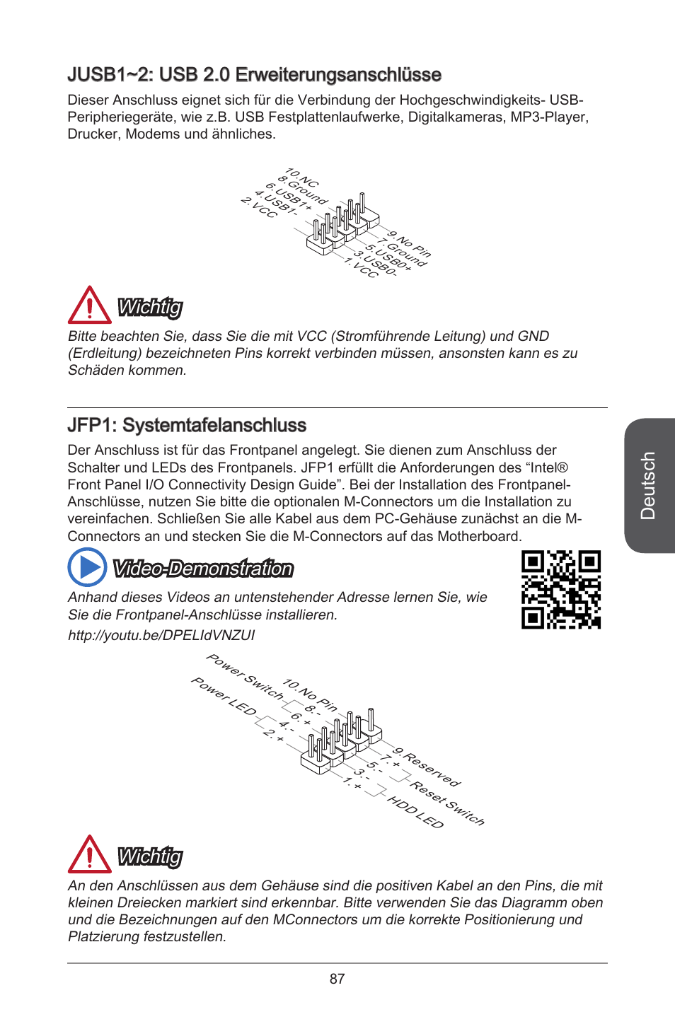 Deutsch, Jusb~2: usb 2.0 erweiterungsanschlüsse, Wichtig | Jfp: systemtafelanschluss, Video-demonstration | MSI H81TI User Manual | Page 87 / 186