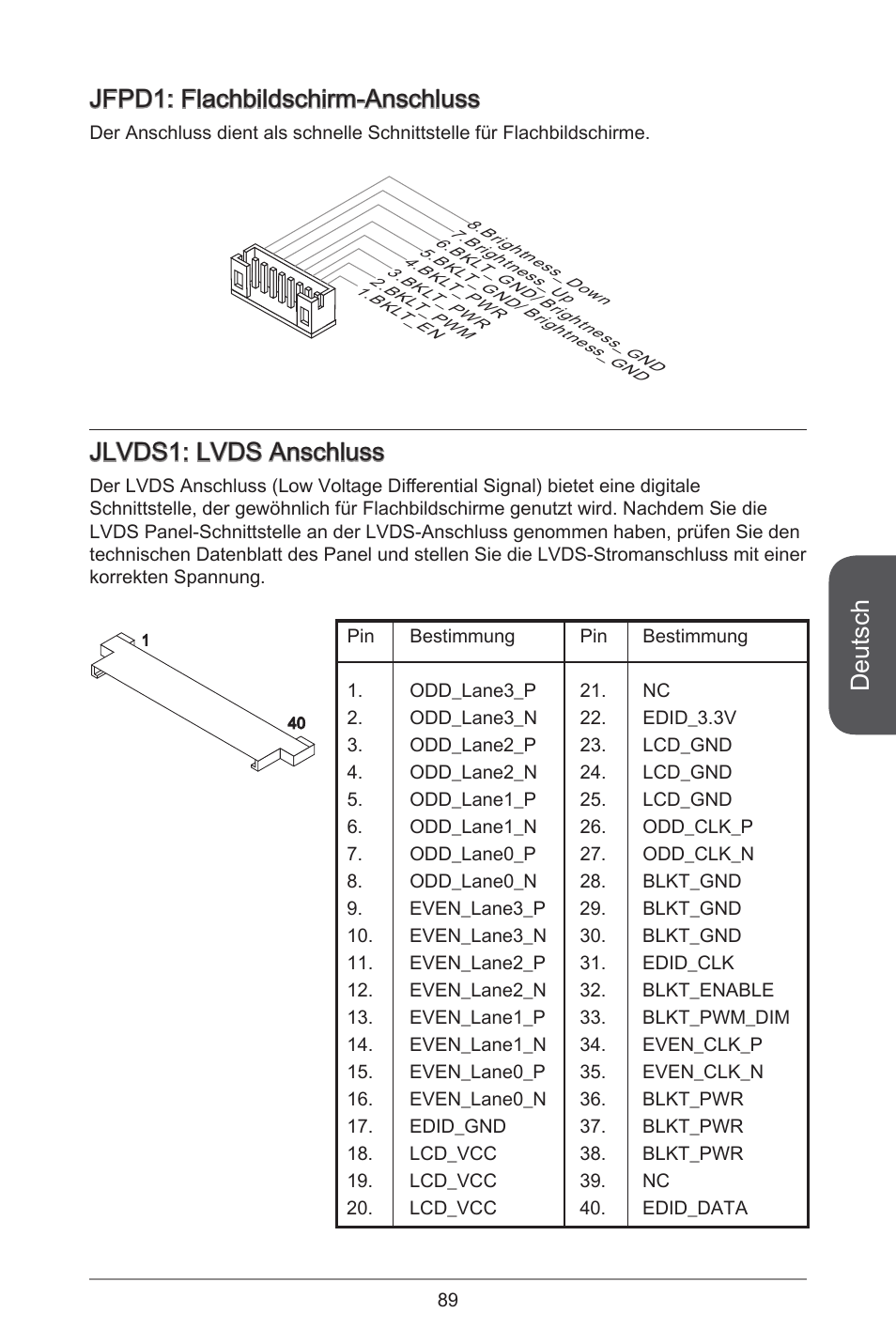 Deutsch, Jfpd: flachbildschirm-anschluss, Jlvds: lvds anschluss | MSI H81TI User Manual | Page 89 / 186