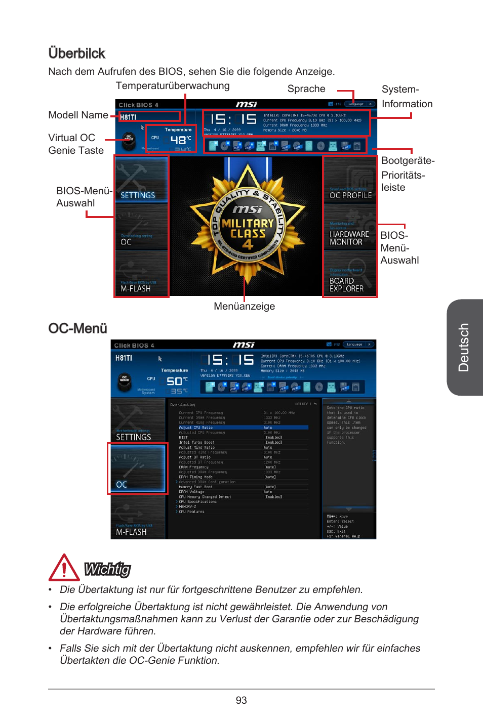 Deutsch, Überbilck, Oc-menü wichtig | MSI H81TI User Manual | Page 93 / 186