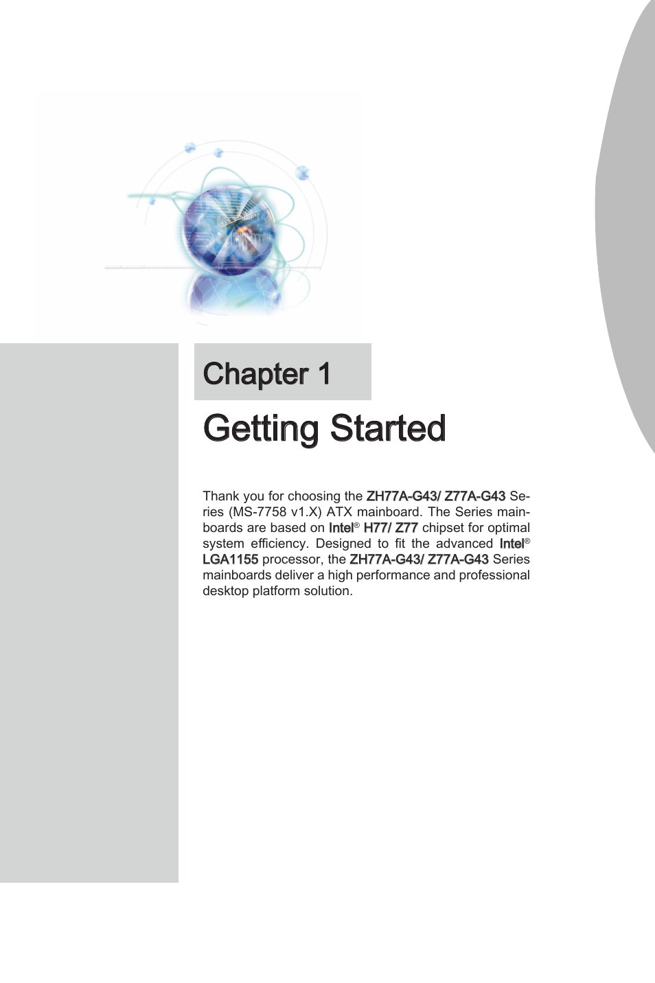 Chapter 1, Getting started, Chapter 1 gettng started -1 | Gettng started | MSI ZH77A-G43 User Manual | Page 11 / 82