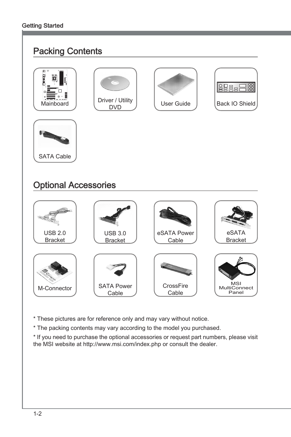 Packing contents, Optional accessories, Packng contents -2 optonal accessores -2 | Packng contents, Optonal accessores | MSI ZH77A-G43 User Manual | Page 12 / 82