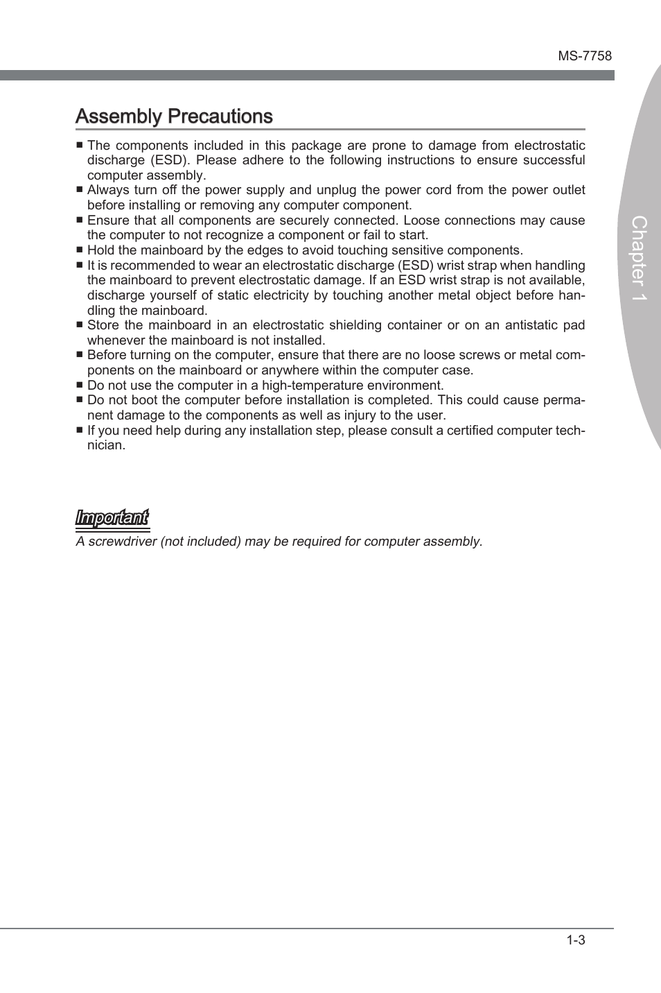 Assembly precautions, Assembly precautons -3, Chapter 1 assembly precautons | Important | MSI ZH77A-G43 User Manual | Page 13 / 82
