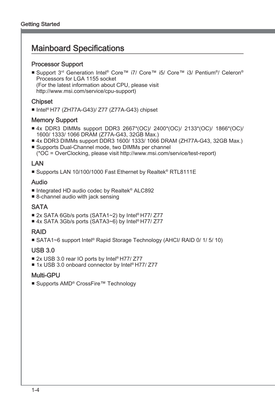 Mainboard specifications, Manboard specficatons -4, Manboard specficatons | MSI ZH77A-G43 User Manual | Page 14 / 82