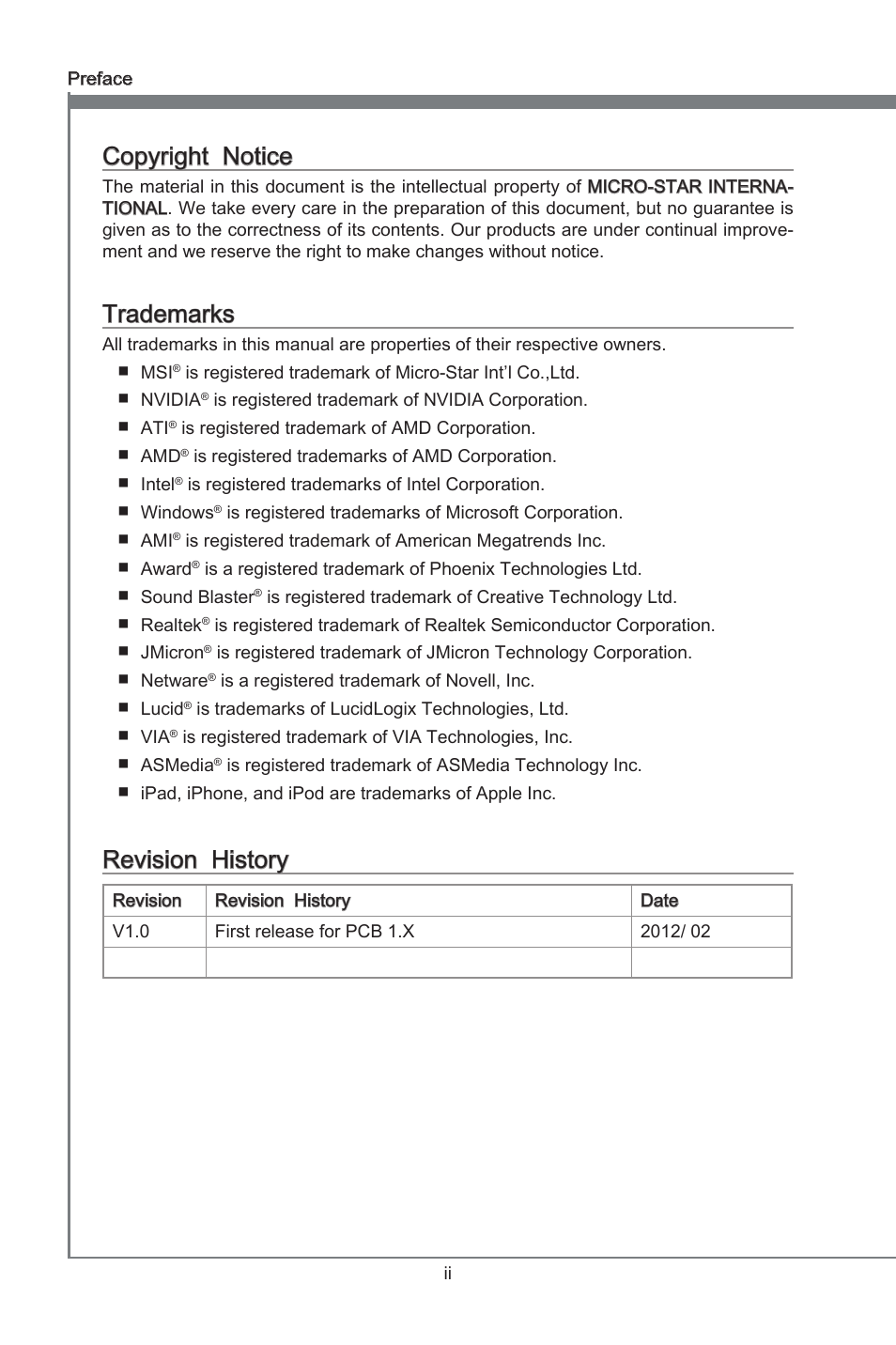 Copyright notice, Trademarks, Revision history | Preface, Copyrght notce, Revson hstory | MSI ZH77A-G43 User Manual | Page 2 / 82