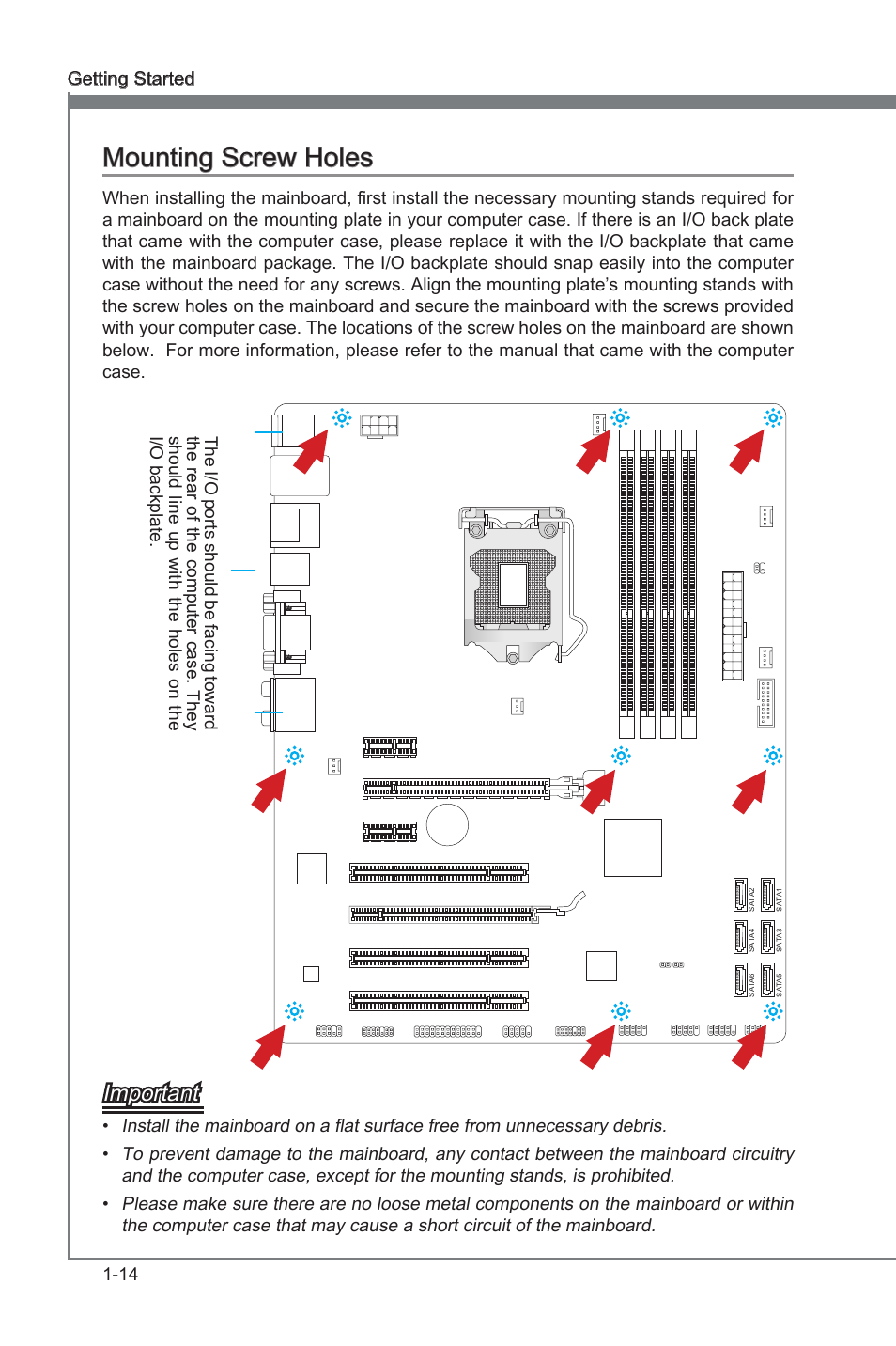 Mounting screw holes, Mountng screw holes -14, Mountng screw holes | Important, 14 gettng started | MSI ZH77A-G43 User Manual | Page 24 / 82