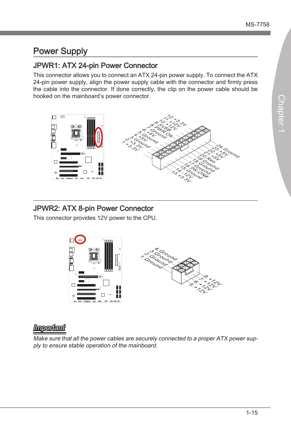 Power supply, Power supply -15, Jpwr1 | Atx 24-pn power connector, Jpwr2, Atx 8-pn power connector, Chapter 1 power supply, Jpwr1: atx 24-pn power connector, Jpwr2: atx 8-pn power connector, Important | MSI ZH77A-G43 User Manual | Page 25 / 82