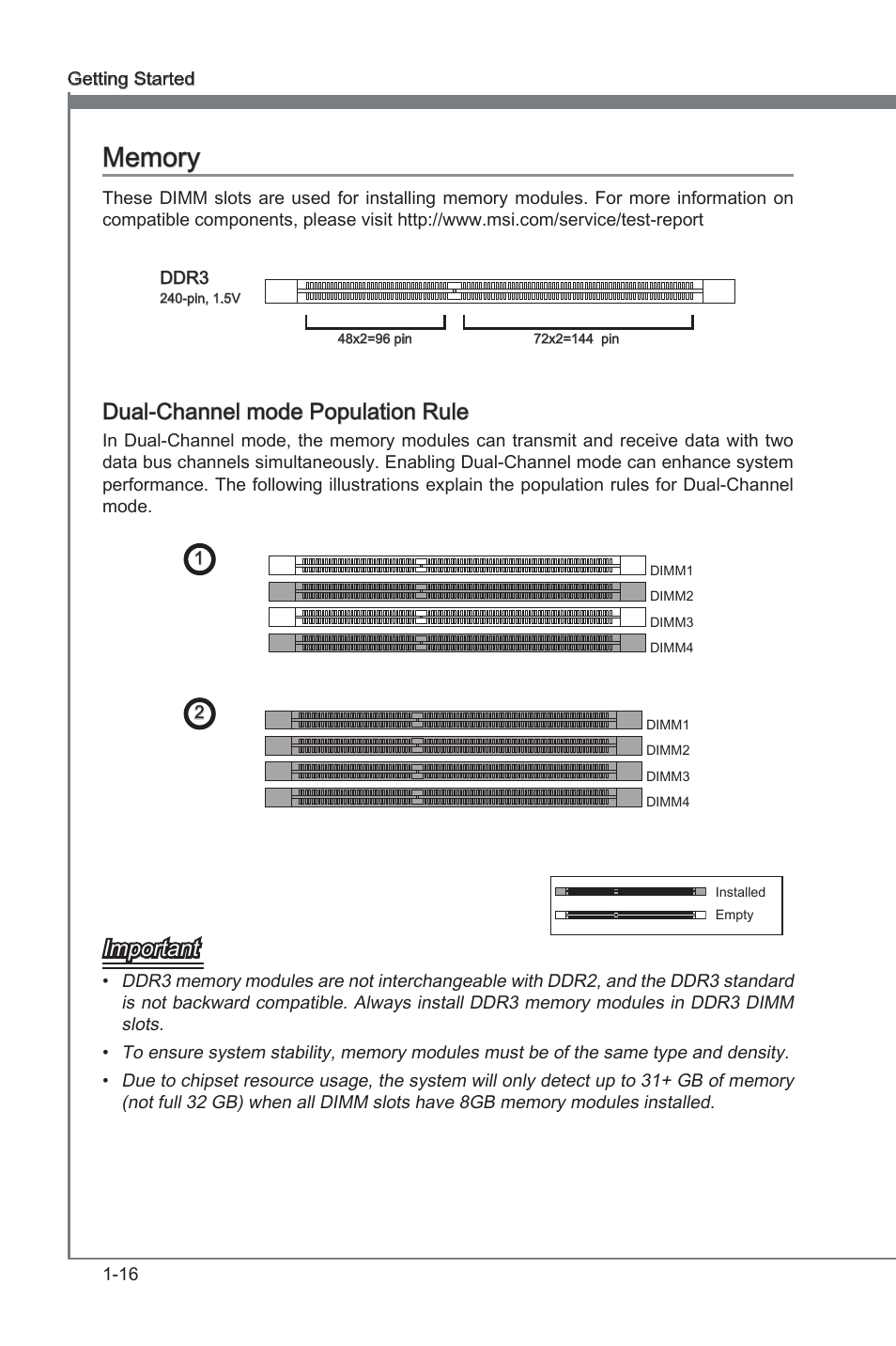 Memory, Memory -16, Dimm1~4 | Ddr3 memory slots, Dual-channel mode populaton rule, Important | MSI ZH77A-G43 User Manual | Page 26 / 82