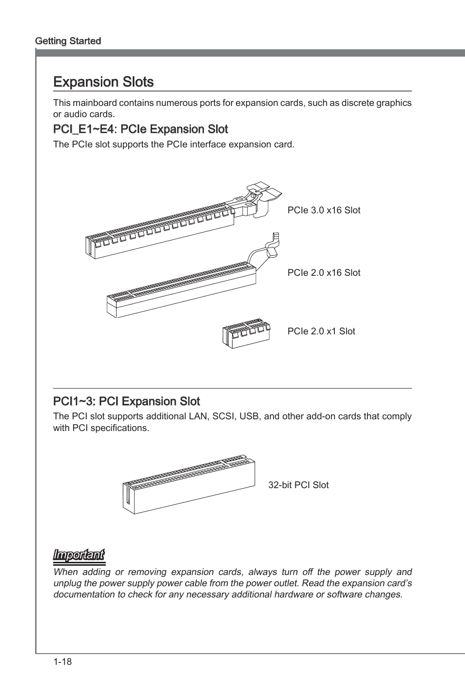 Expansion slots, Expanson slots -18, Pci_e1~e4 | Pcie expanson slot s, Pci1~3, Pci expanson slots, Expanson slots, Pci_e1~e4: pcie expanson slot, Pci1~3: pci expanson slot, Important | MSI ZH77A-G43 User Manual | Page 28 / 82