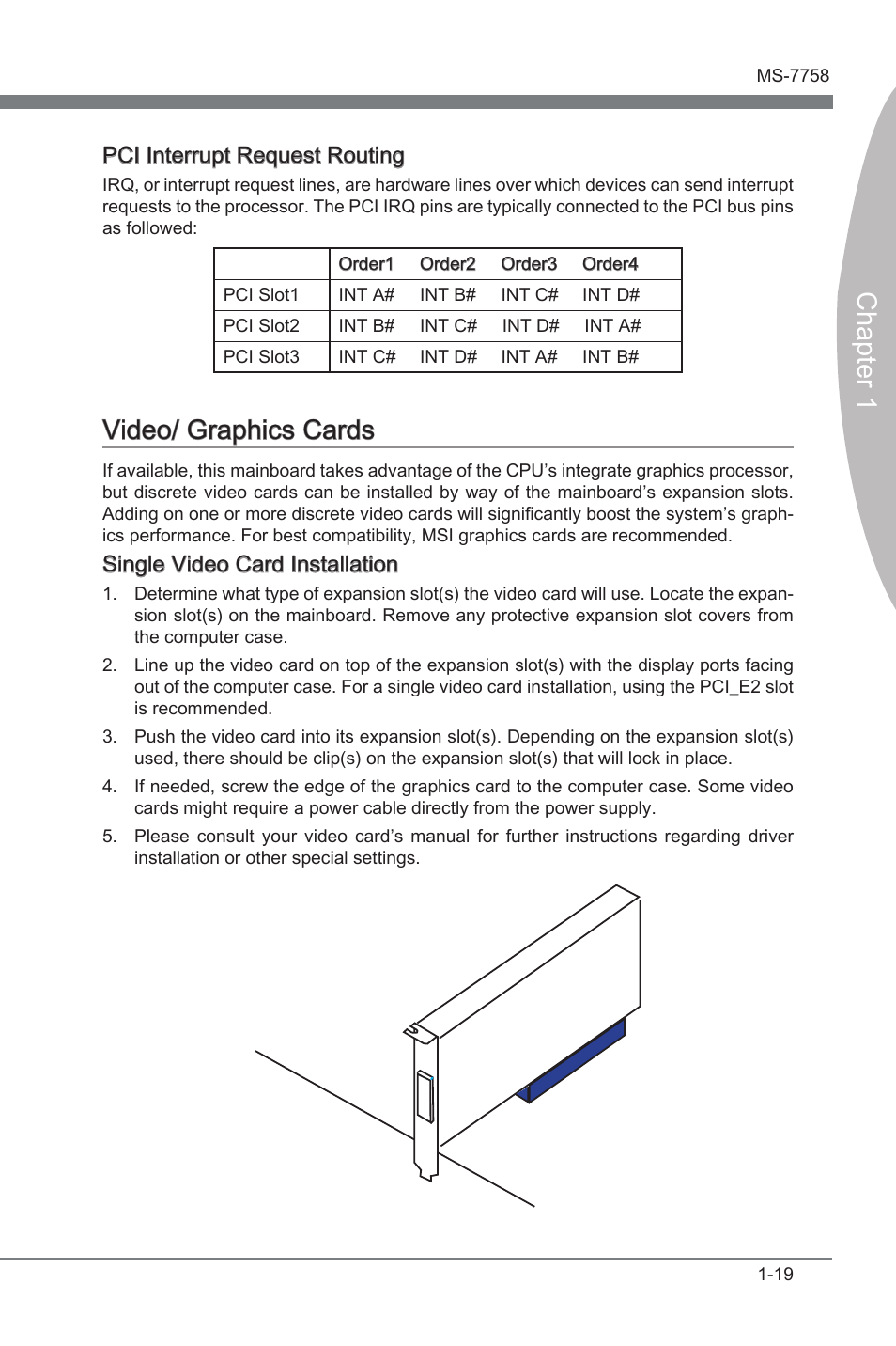 Video/ graphics cards, Vdeo/ graphcs cards -19, Chapter 1 | Vdeo/ graphcs cards, Pci interrupt request routng, Sngle vdeo card installaton | MSI ZH77A-G43 User Manual | Page 29 / 82