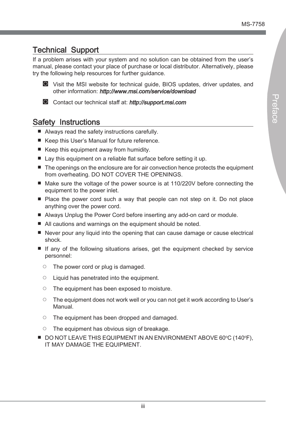 Technical support, Safety instructions, Preface | Techncal support, Safety instructons | MSI ZH77A-G43 User Manual | Page 3 / 82