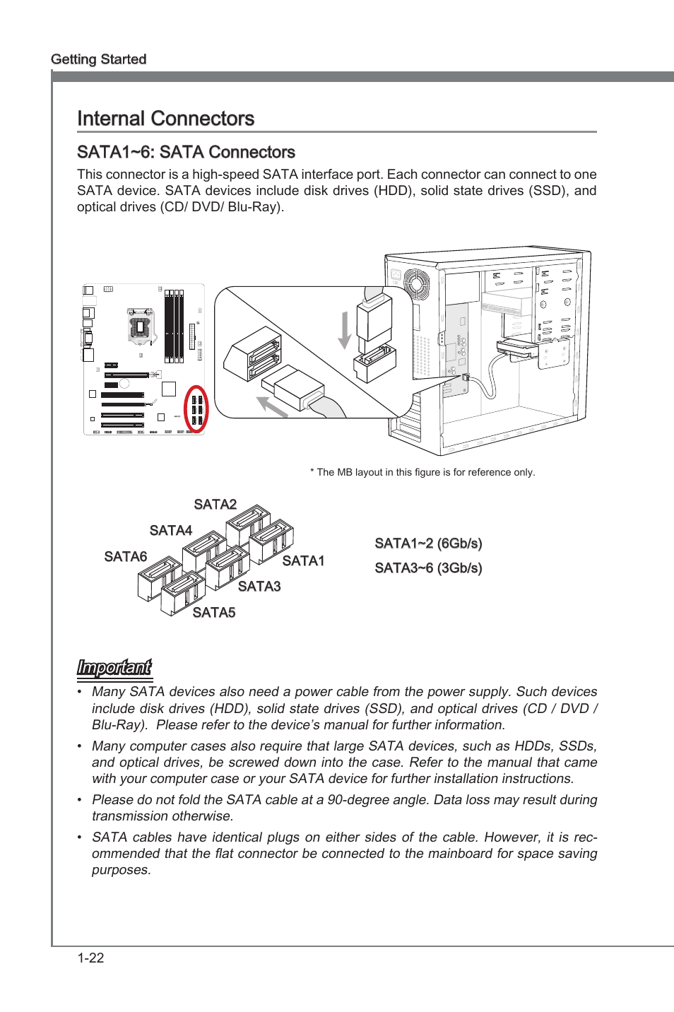 Internal connectors, Internal connectors -22, Sata1~6 | Sata connectors, Sata1~6: sata connectors, Important, 22 gettng started | MSI ZH77A-G43 User Manual | Page 32 / 82