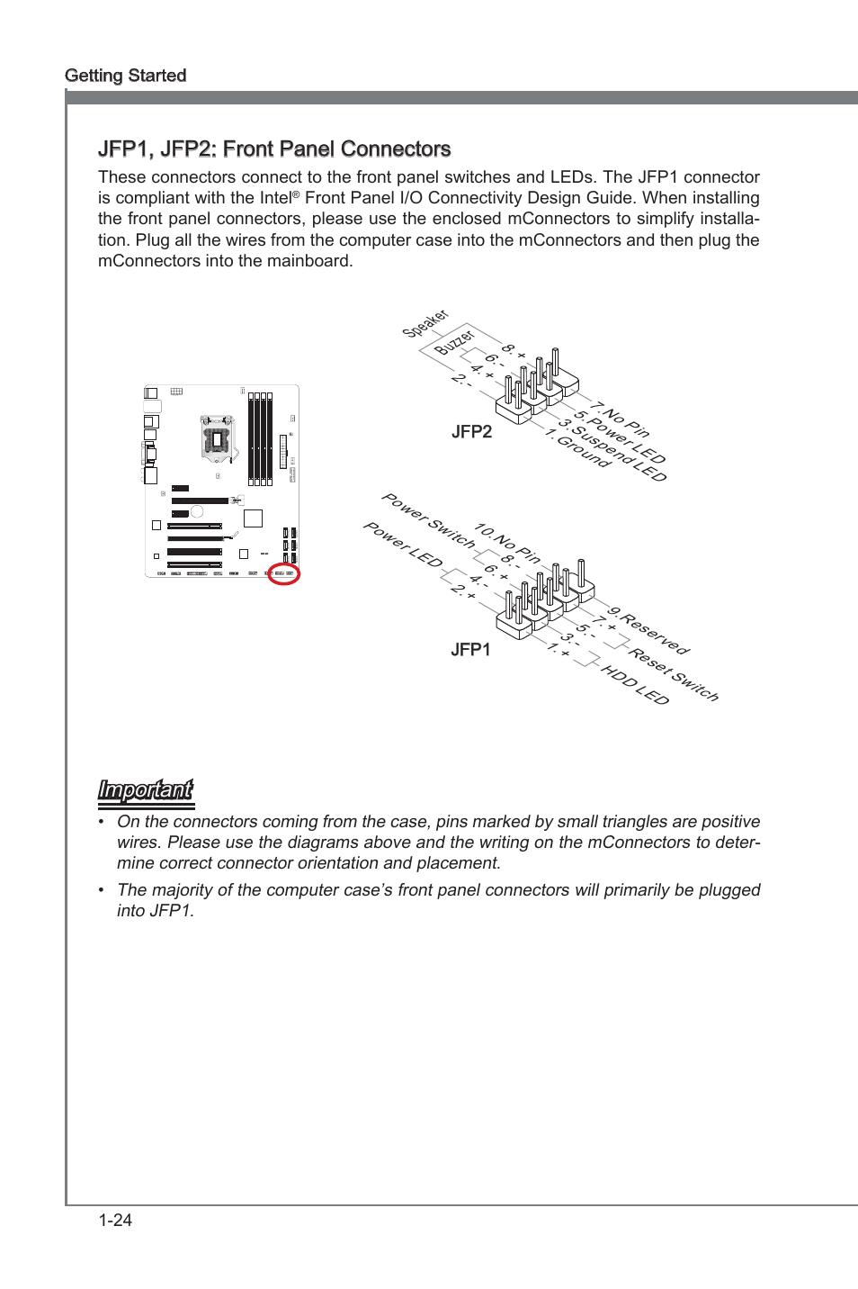 Jfp1, jfp2, Front panel connectors, Jfp1, jfp2: front panel connectors | Important, 24 gettng started, Jfp1, Buzz er spea ker jfp2 | MSI ZH77A-G43 User Manual | Page 34 / 82