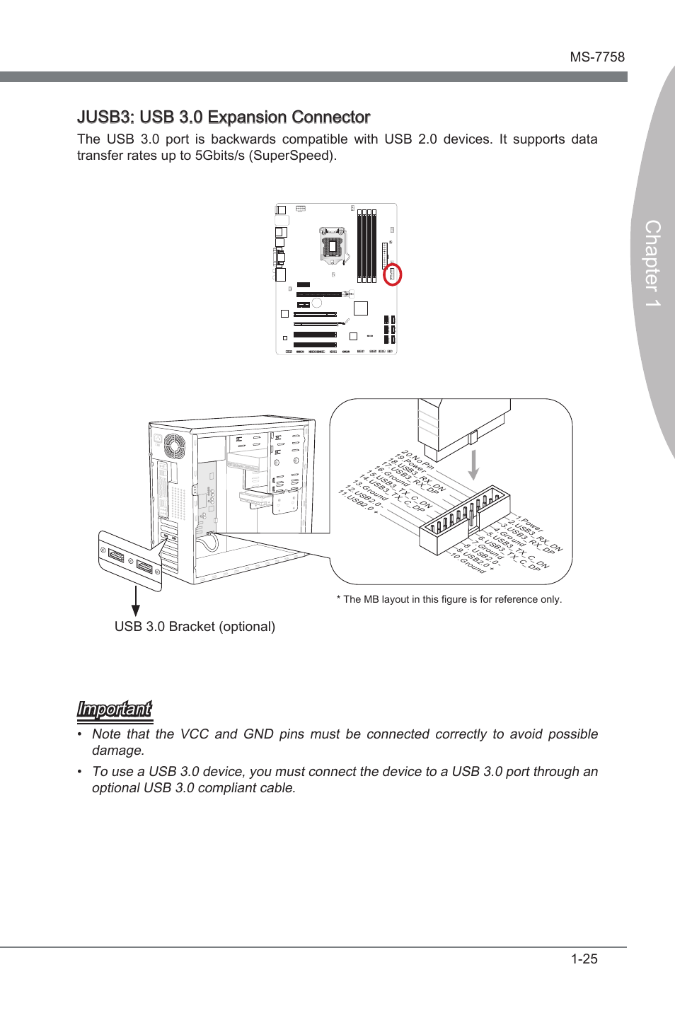 Jusb3, Usb 3.0 expanson connector, Chapter 1 | Jusb3: usb 3.0 expanson connector, Important, Usb 3.0 bracket (optonal), 11 5 v, The mb layout n ths figure s for reference only | MSI ZH77A-G43 User Manual | Page 35 / 82