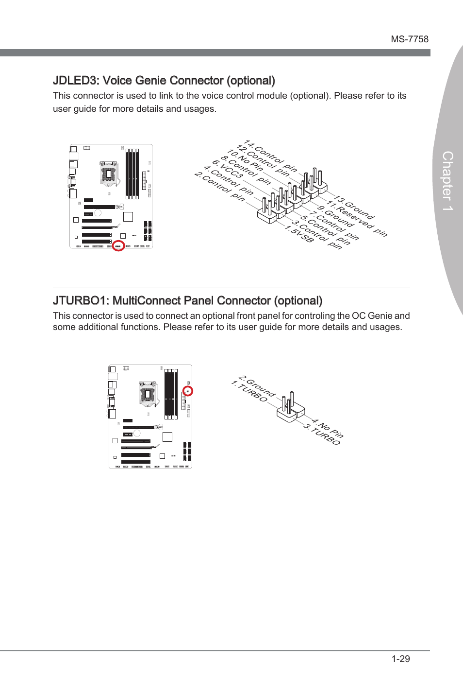 Jdled3, Voce gene connector (optonal), Jturbo1 | Multconnect panel connector, Chapter 1, Jdled3: voce gene connector (optonal), Jturbo1: multconnect panel connector (optonal), Tu rbo 4.no pin 2.gro und 1.tu rbo | MSI ZH77A-G43 User Manual | Page 39 / 82