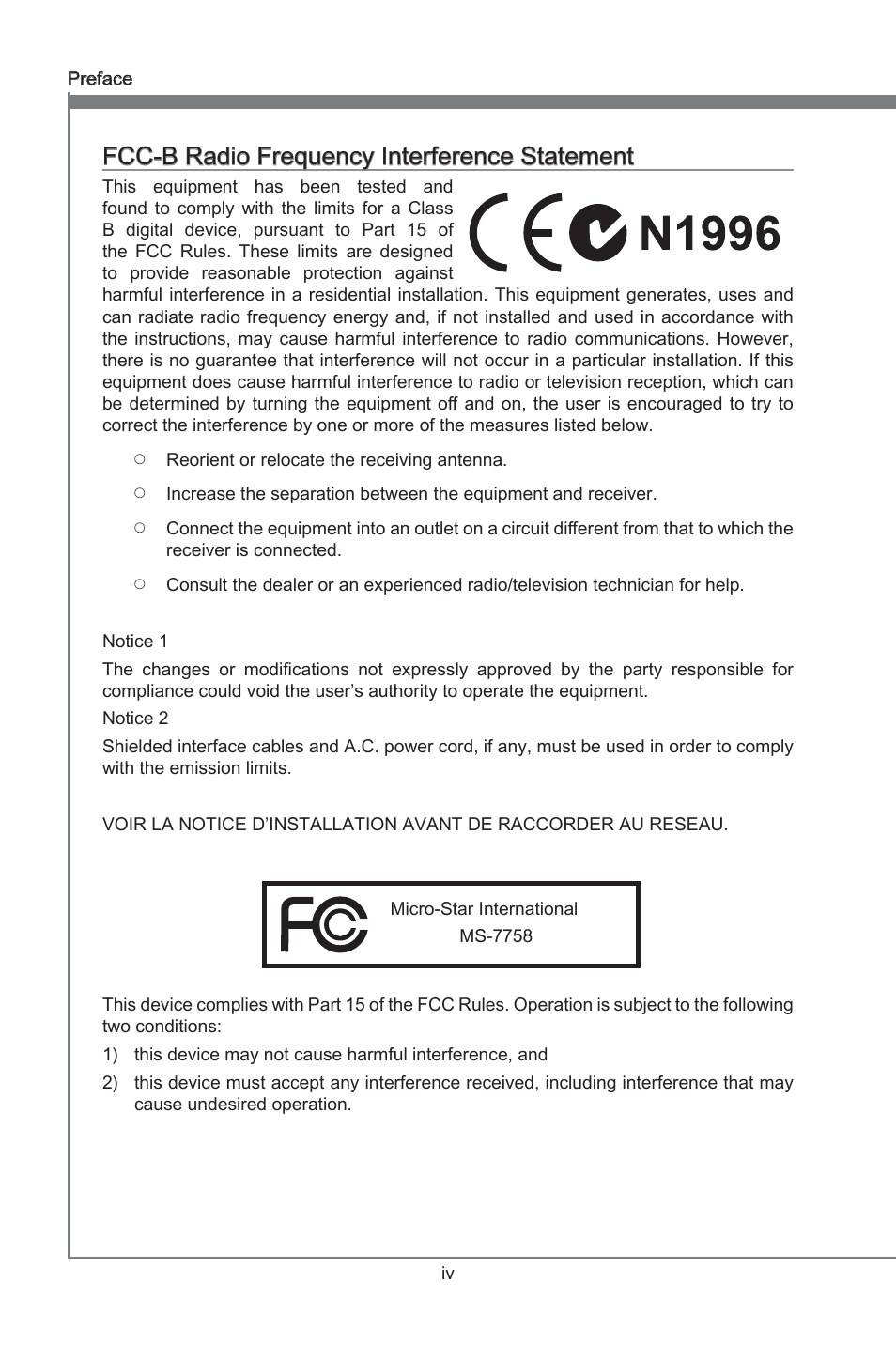 Fcc-b radio frequency interference statement, Preface, Fcc-b rado frequency interference statement | MSI ZH77A-G43 User Manual | Page 4 / 82