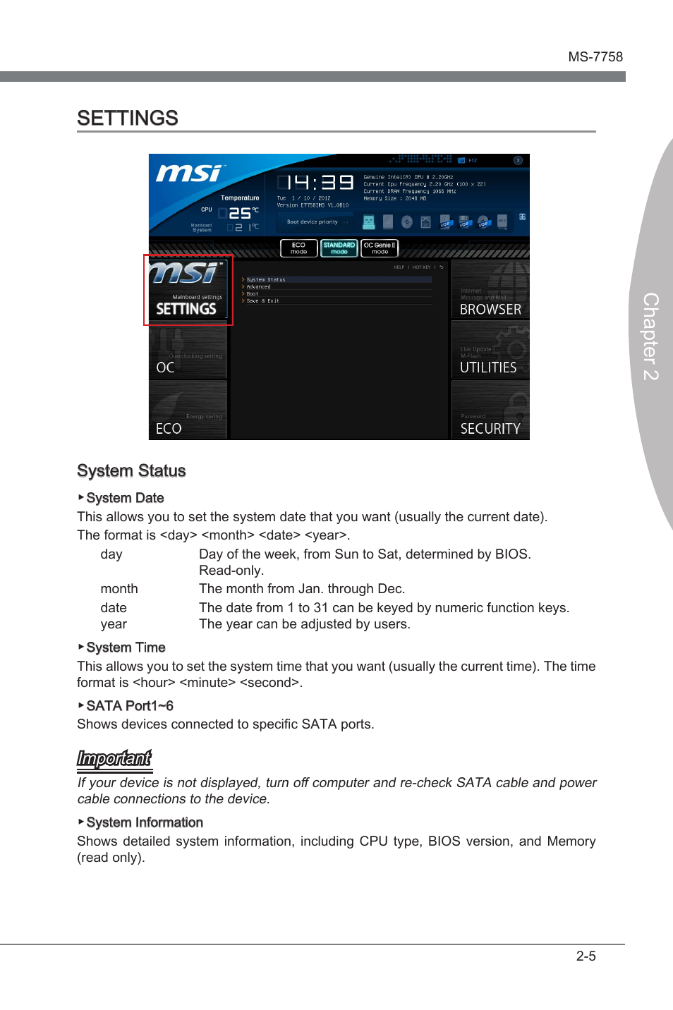 Settings, Settings -5, Chapter 2 settings | System status, Important | MSI ZH77A-G43 User Manual | Page 45 / 82