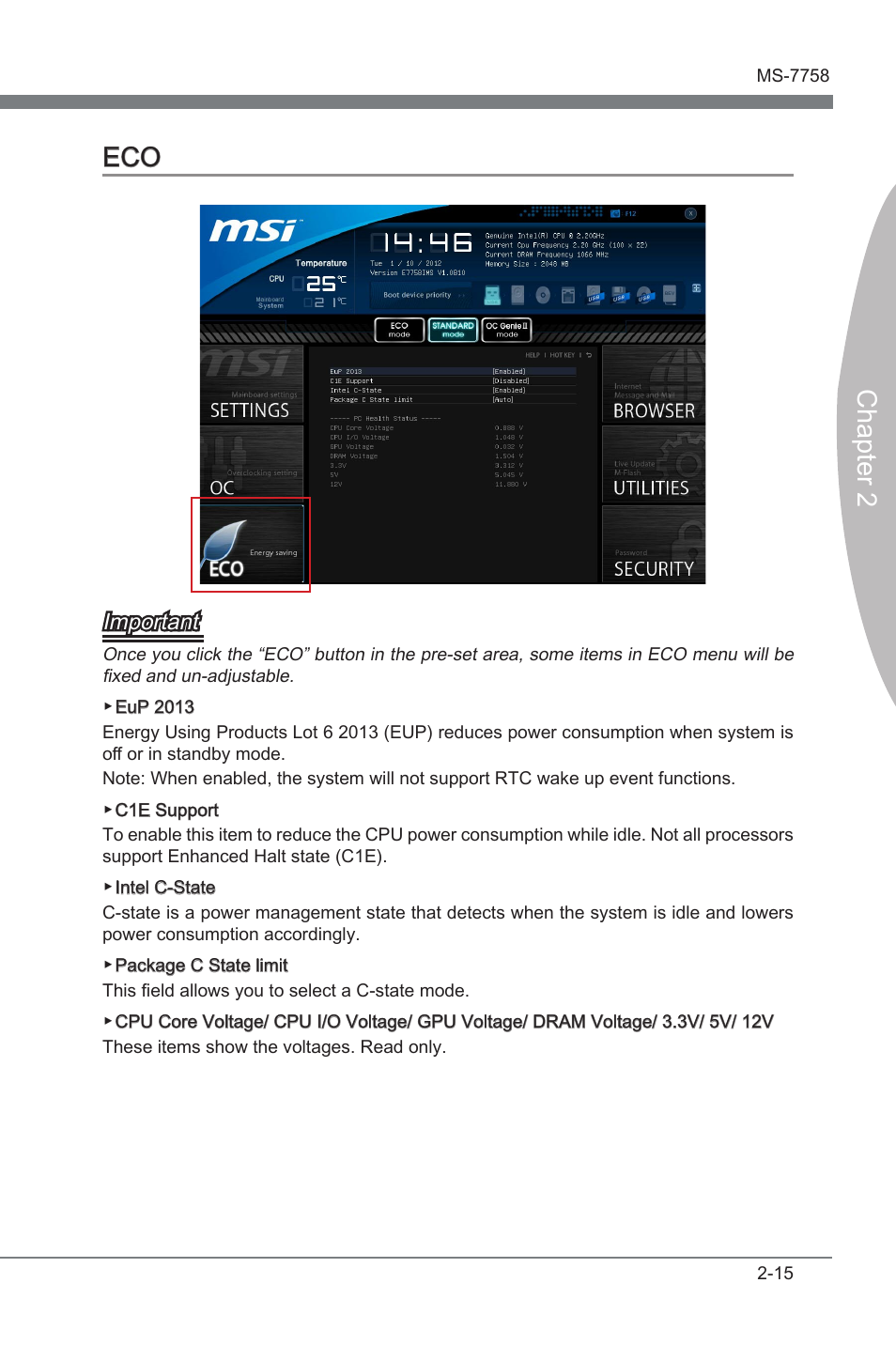 Eco -15, Chapter 2 eco, Important | MSI ZH77A-G43 User Manual | Page 55 / 82