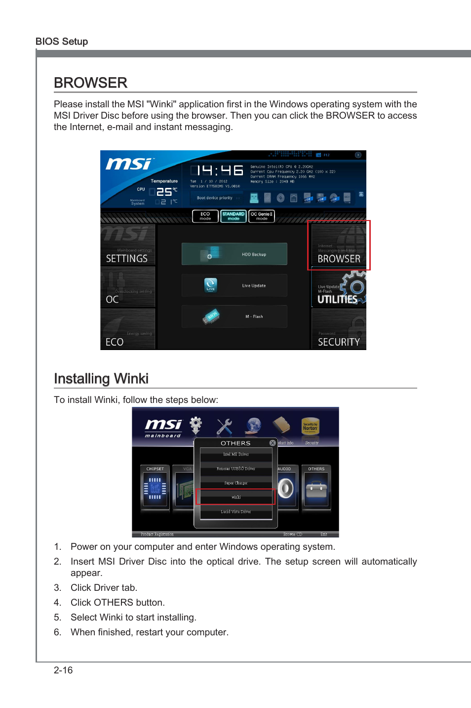 Browser, Installing winki, Browser -16 | Installng wnk -16, Installng wnk | MSI ZH77A-G43 User Manual | Page 56 / 82