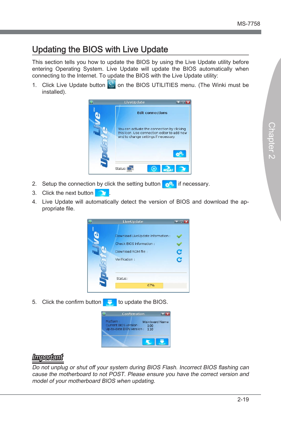 Updating the bios with live update, Updatng the bios wth lve update -19, Chapter 2 updatng the bios wth lve update | Important | MSI ZH77A-G43 User Manual | Page 59 / 82