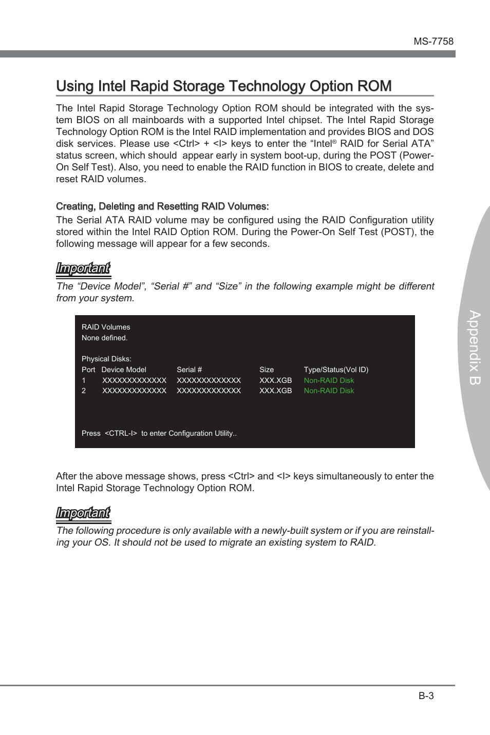 Using intel rapid storage technology option rom, Important | MSI ZH77A-G43 User Manual | Page 69 / 82