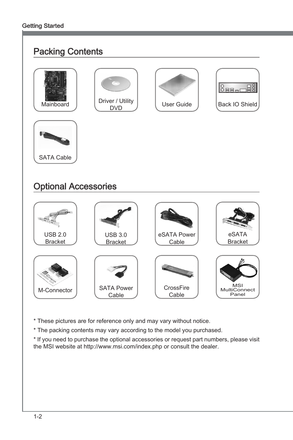 Packng contents -2 optonal accessores -2, Packng contents, Optonal accessores | MSI Z77A-G41 User Manual | Page 12 / 92
