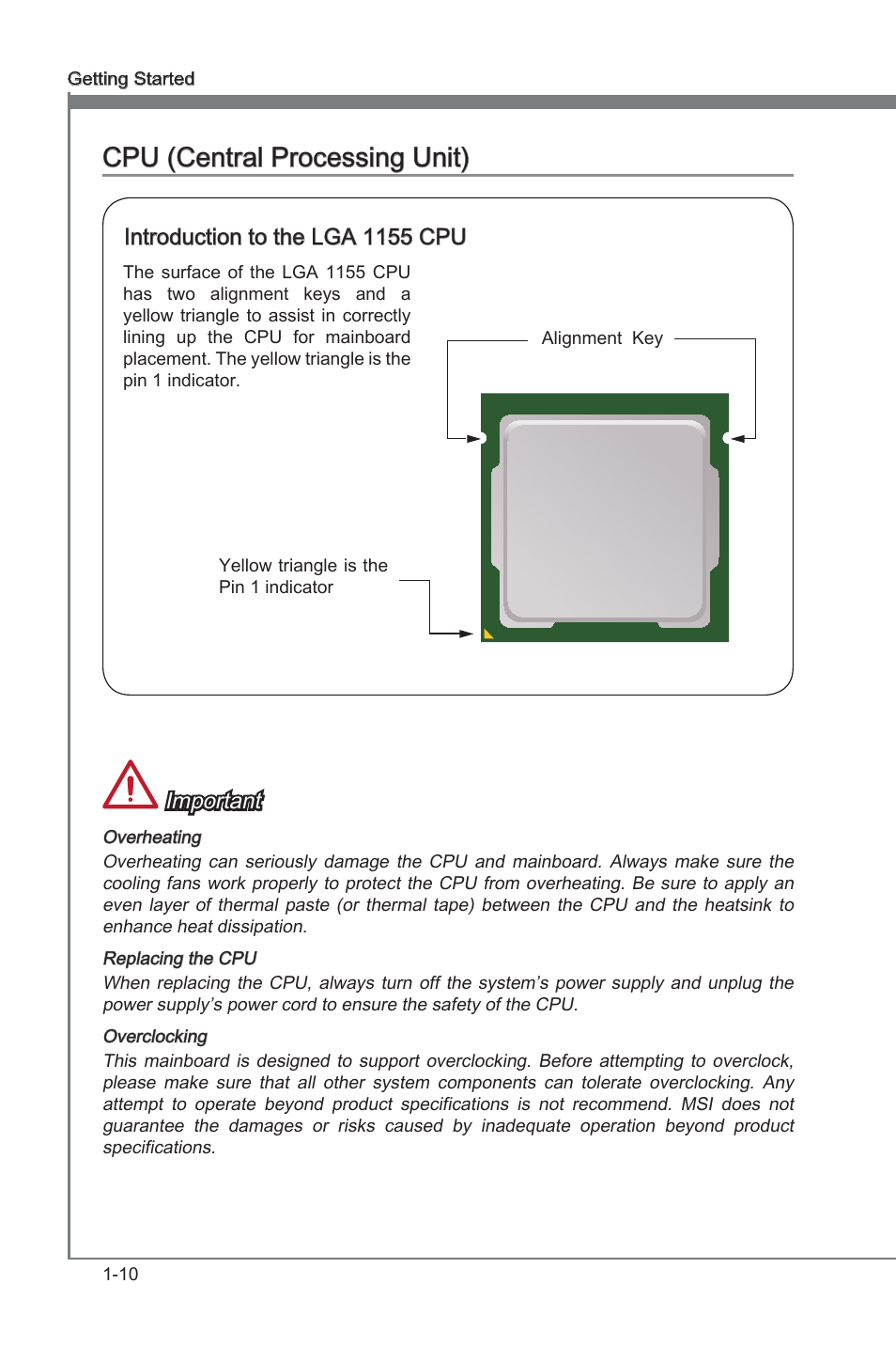 Cpu (central processng unt) -10, Cpu (central processng unt), Introducton to the lga 1155 cpu | Important | MSI Z77A-G41 User Manual | Page 20 / 92