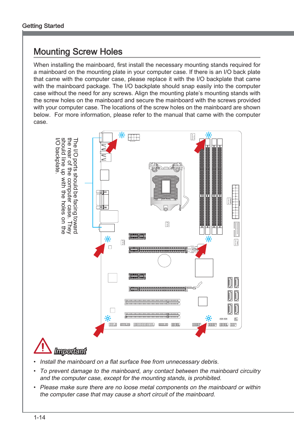 Mountng screw holes -14, Mountng screw holes, Important | MSI Z77A-G41 User Manual | Page 24 / 92