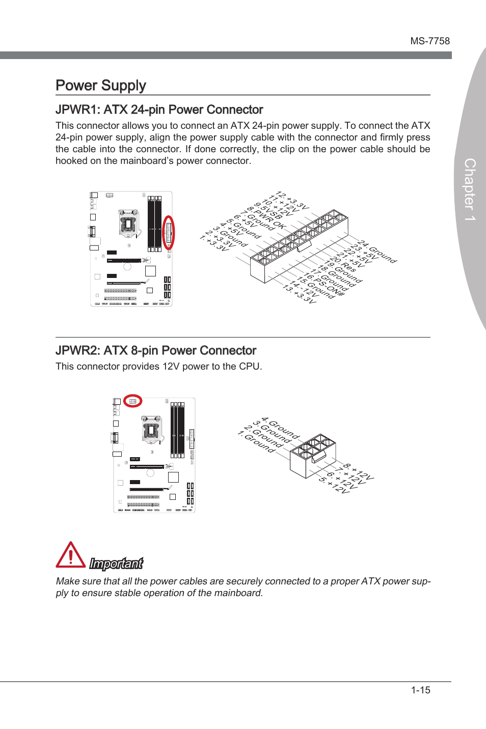 Jpwr1: atx 24-pin power connector, Jpwr2: atx 8-pin power connector, Power supply -15 | Jpwr1, Atx 24-pn power connector, Jpwr2, Atx 8-pn power connector, Chapter 1 power supply, Jpwr1: atx 24-pn power connector, Jpwr2: atx 8-pn power connector | MSI Z77A-G41 User Manual | Page 25 / 92