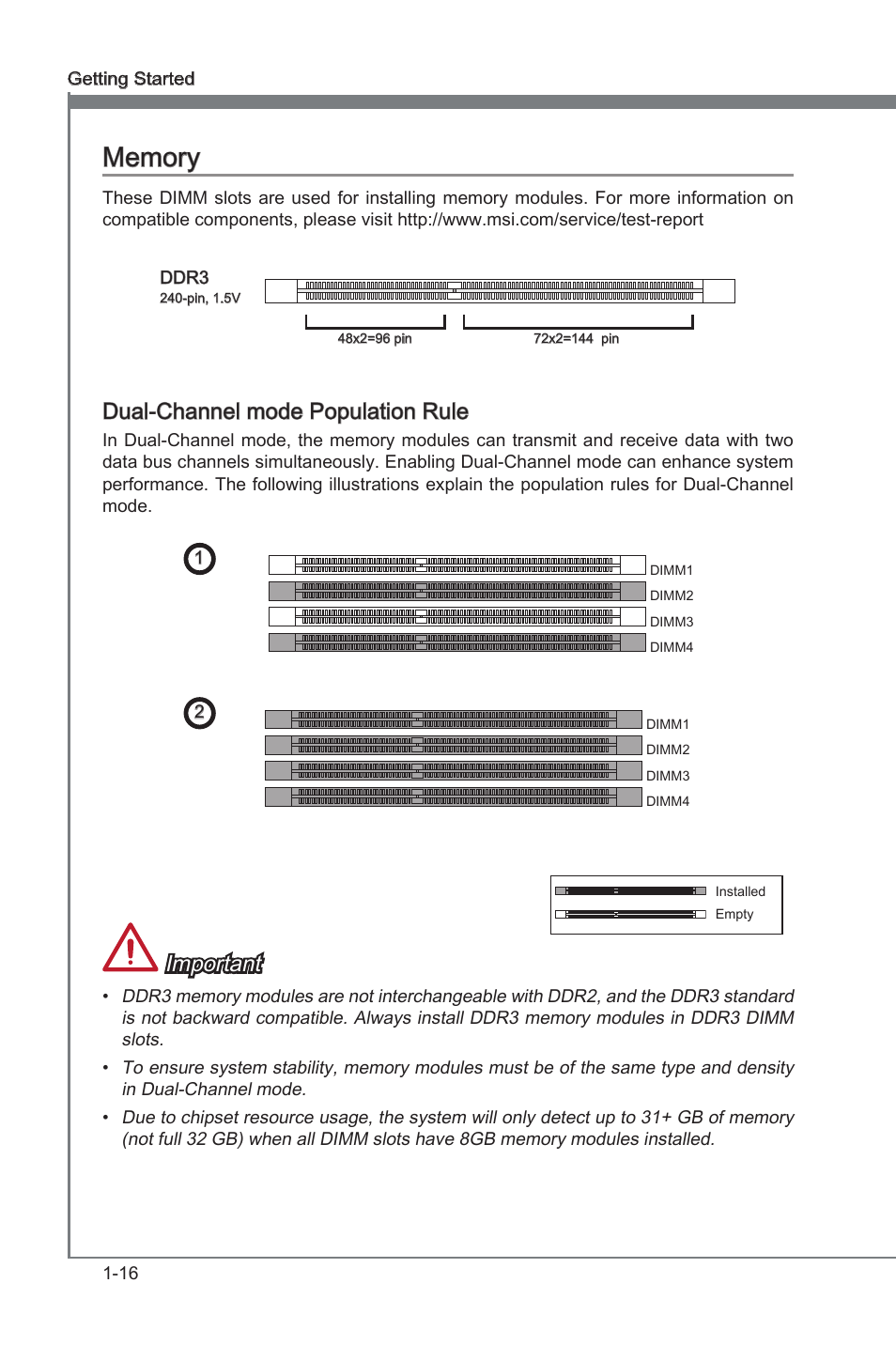 Dual-channel mode population rule, Memory -16, Dual-channel mode populaton rule | Important | MSI Z77A-G41 User Manual | Page 26 / 92