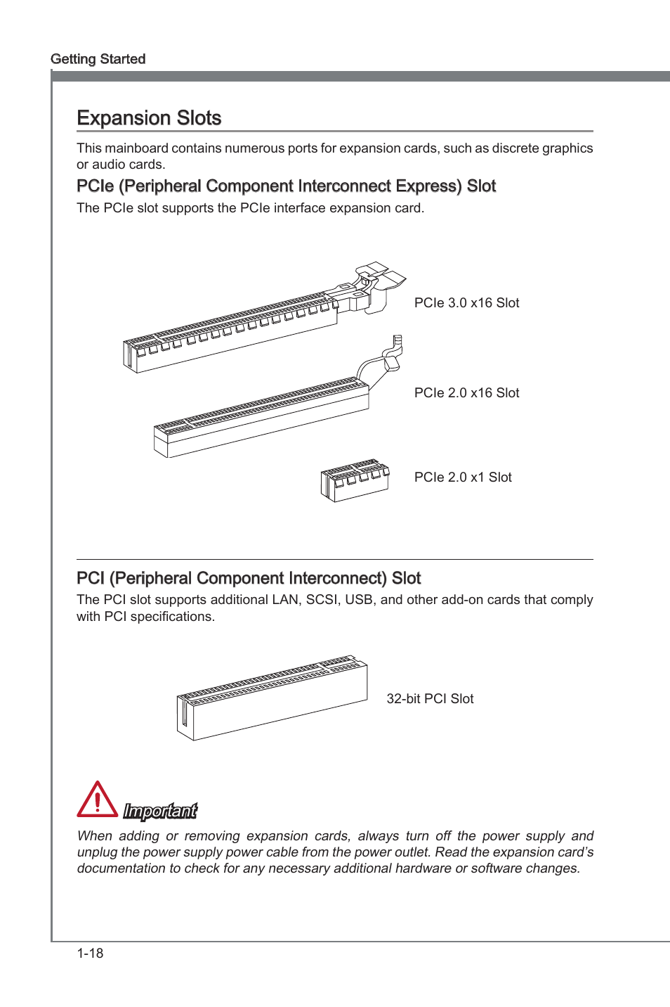 Pci (peripheral component interconnect) slot, Expanson slots -18, Pci1~2 | Pci expanson slots, On slots, Expanson slots, Pci (perpheral component interconnect) slot, Important | MSI Z77A-G41 User Manual | Page 28 / 92