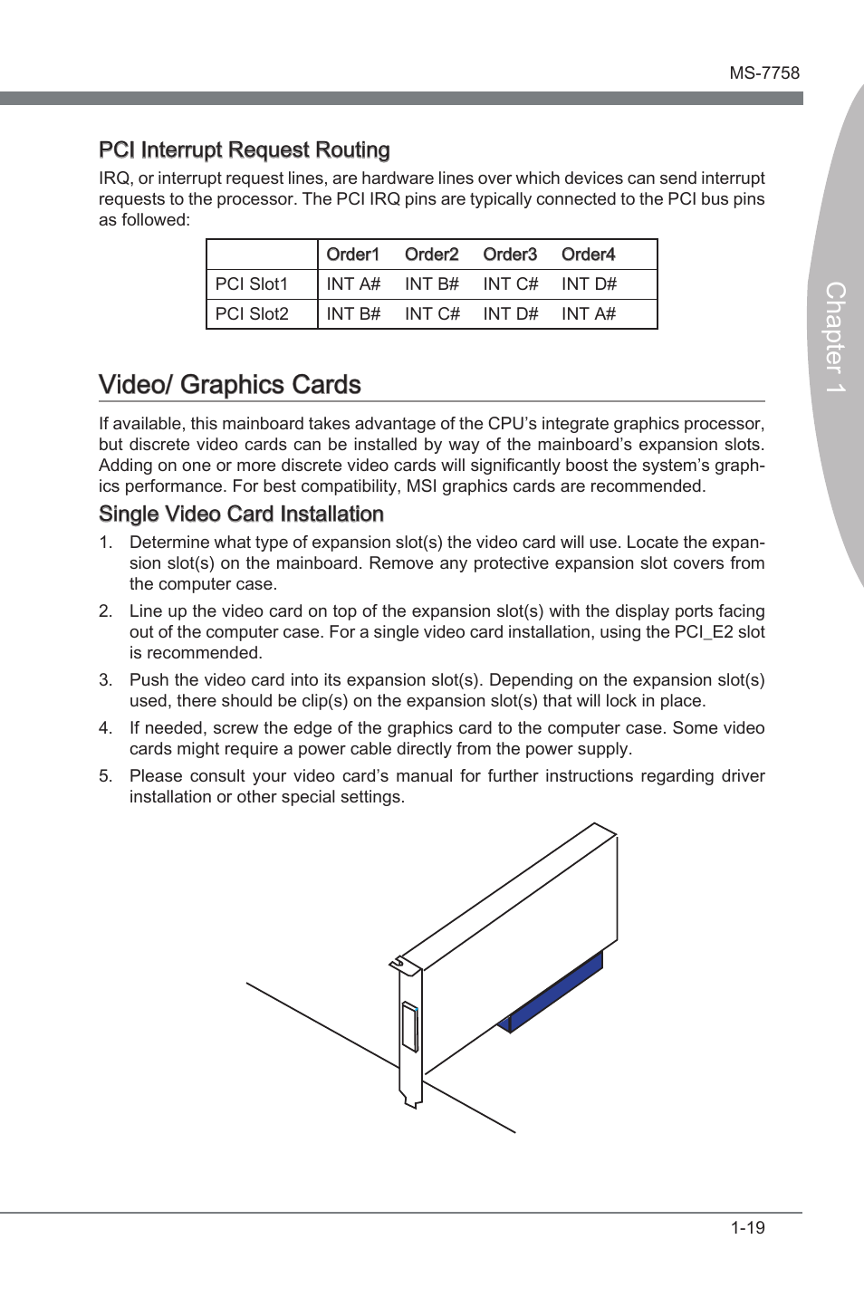 Vdeo/ graphcs cards -19, Chapter 1, Vdeo/ graphcs cards | Pci interrupt request routng, Sngle vdeo card installaton | MSI Z77A-G41 User Manual | Page 29 / 92