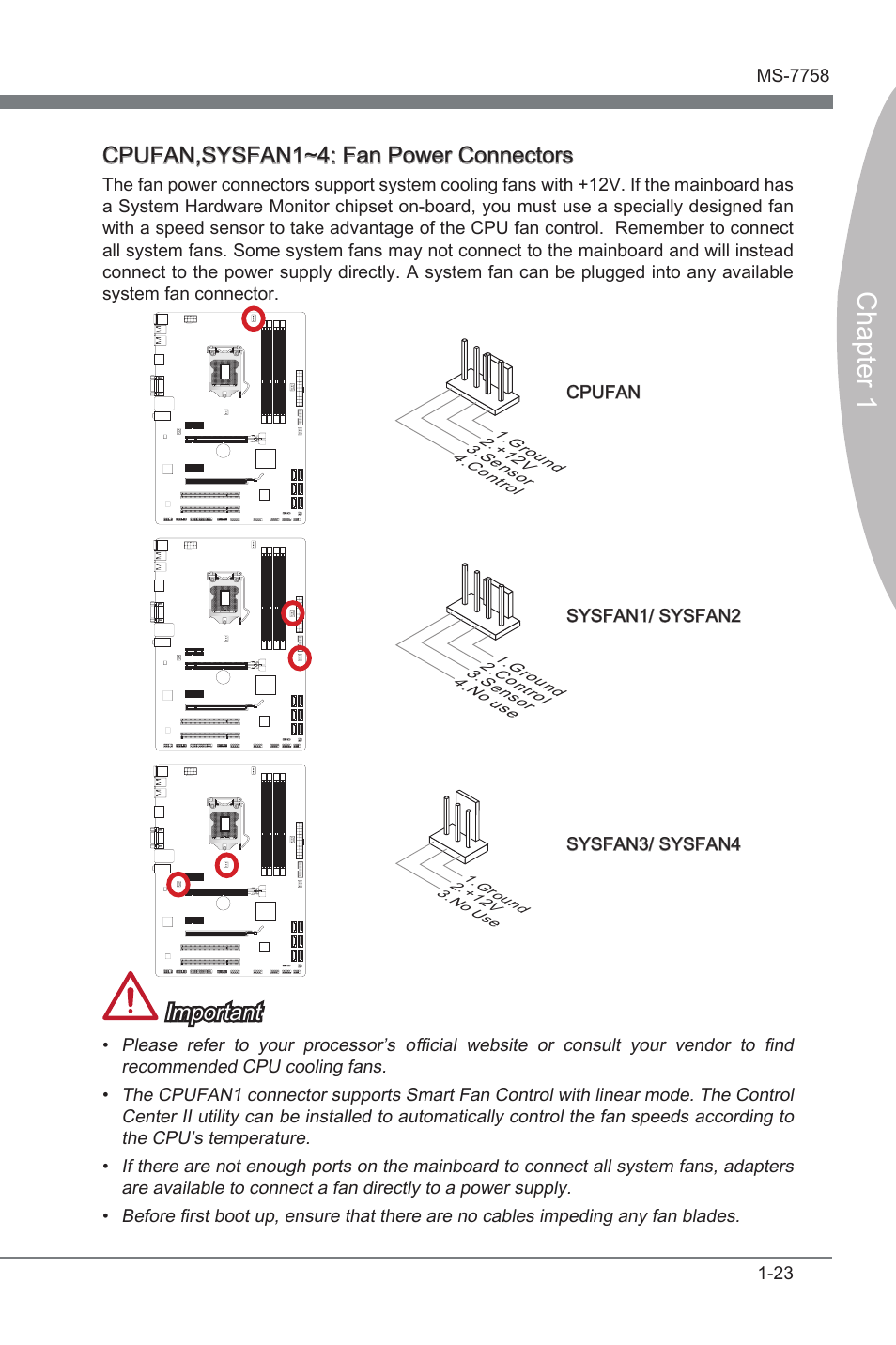 Cpufan,sysfan1~4: fan power connectors, Cpufan,sysfan1~4, Fan power connectors | Chapter 1, Important | MSI Z77A-G41 User Manual | Page 33 / 92