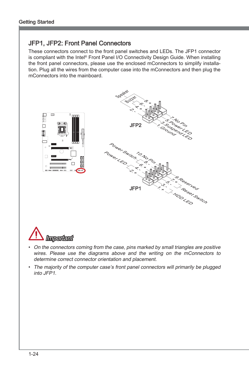 Jfp1, jfp2: front panel connectors, Jfp1, jfp2, Front panel connectors | Important | MSI Z77A-G41 User Manual | Page 34 / 92