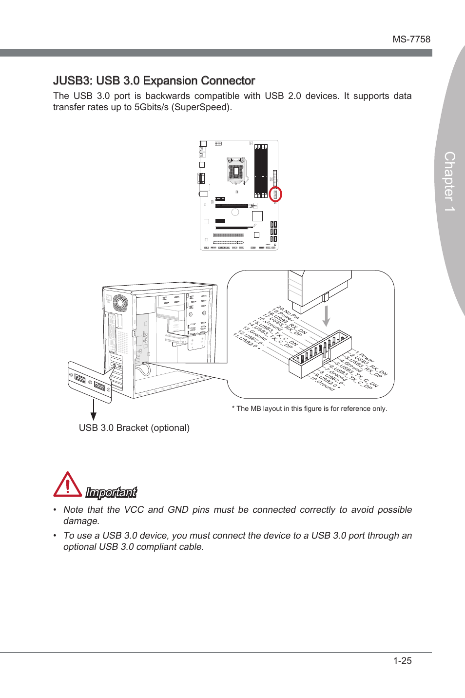 Jusb3: usb 3.0 expansion connector, Jusb3, Usb 3.0 expanson connector | Chapter 1, Jusb3: usb 3.0 expanson connector, Important, Usb 3.0 bracket (optonal) | MSI Z77A-G41 User Manual | Page 35 / 92